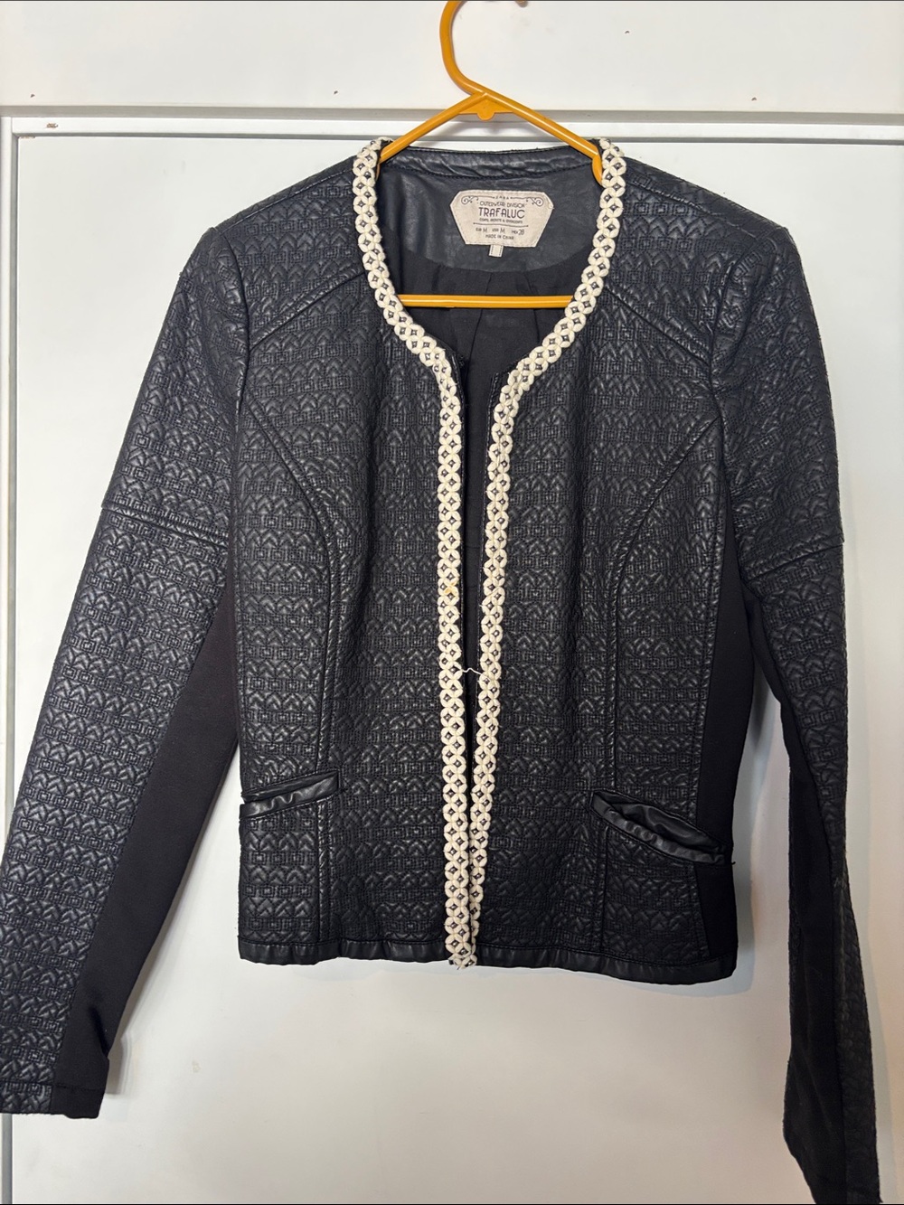 Zara Black Textured Cropped Jacket with Cream Braid Trim